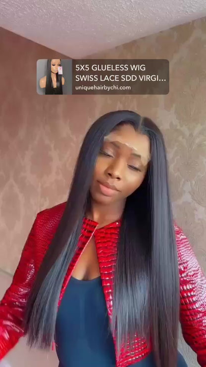 5X5 GLUELESS WIG SWISS LACE SDD VIRGIN BUNDLES 350GRAMS